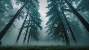 Tall Pine Trees in Fog Creating Mysterious Forest Landscape View photo