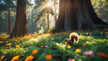 Squirrel in Forest Glade with Wildflowers and Sunlight photo