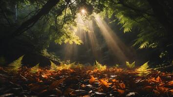 Sunlight Streaming Through Forest Canopy Illuminating Autumn Leaves and Ferns photo