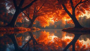 Reflecting Autumn Trees Over a Lake in Warm Golden Light photo