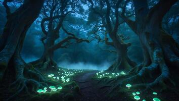 Walking Path Through Enchanted Forest with Glowing Mushrooms at Dusk photo