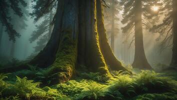 Standing Tall Giant Tree in Sunlit Forest with Green Undergrowth photo