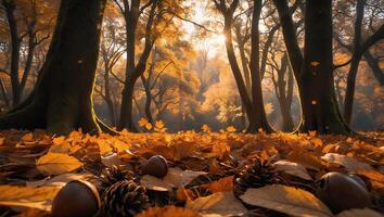 Autumn Forest Floor Covered in Fallen Leaves with Soft Sunlight photo