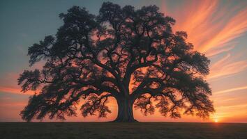 Majestic Old Tree Standing Silhouetted Against a Dramatic Sunset Sky photo