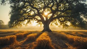 Majestic Tree in Golden Field Shines with Radiant Sunlight at Sunrise photo
