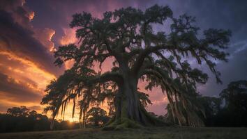 Majestic Tree with Moss at Sunset Dramatic Sky Creates Scenic Beauty photo
