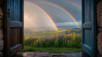 Open Door View Reveals Double Rainbow Over Lush Green Meadow photo