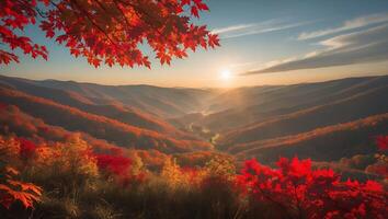 Scenic Autumn Mountain Valley View with Colorful Foliage at Sunrise photo
