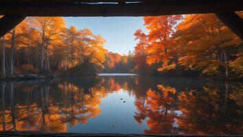 Autumn Trees Reflecting in a Tranquil Lake with Clear Sky photo
