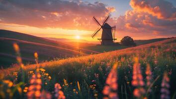 Windmill at Golden Sunset Over Flower Field with Dramatic Sky photo