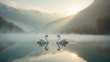 Swans Swimming on Serene Lake with Mountains and Fog at Sunrise photo