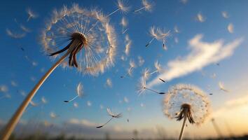 Dandelion Seeds Flying in the Wind Against a Blue Sky Backdrop photo