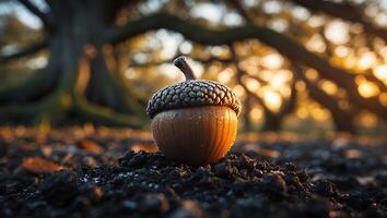 Single Acorn on Dark Soil with Large Tree in Background photo