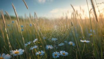 Spiderweb Among Daisies and Tall Grass at Golden Hour Sunset photo