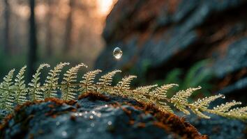 Fern Frond with Water Droplets and a Dropping Sphere of Water photo