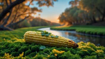 Grilled Corn on Cob at Sunset by River in Nature photo