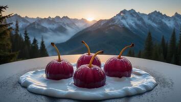 Four Glazed Fruit Sitting in Cream with Mountain View Backdrop photo