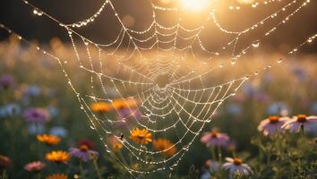 Spiderweb Shimmers with Dew Drops in a Flower Meadow at Sunrise photo