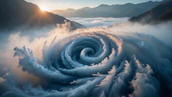 Swirling Cloud Formation Above Mountain Valley at Sunrise Creating Serenity photo