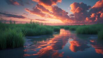 River Reflection at Sunset with Green Grass and Colorful Clouds photo