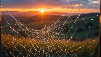Delicate Spiderweb Covered in Dew at Sunrise with Mountain View photo