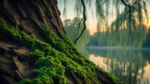 Mossy Tree Trunk Overlooking Calm Lake with Weeping Willow Branches photo