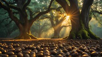 Sunlight Through Forest Trees with Acorns on the Ground photo