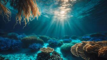 Sunlight Streaming Through Ocean Water Illuminating Colorful Coral Reef photo