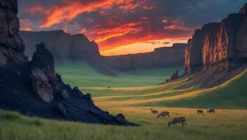 Deer Grazing in Valley at Sunset Surrounded by Rocky Cliffs photo