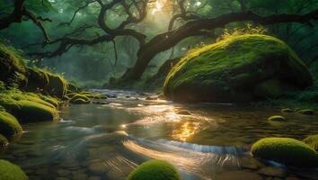 Flowing River Through Forest with Moss Covered Rocks Landscape photo