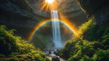 Waterfall with Rainbow in Forest Glade at Sunny Day photo