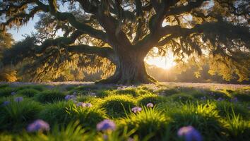 Majestic Tree and Grassy Field at Sunset with Warm Sunlight photo
