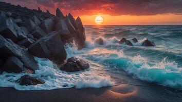 Ocean Waves Crashing on Rocky Shore at Sunset with Dramatic Sky photo