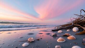 Seashells Scattered on Beach Sand at Colorful Pastel Sunrise photo