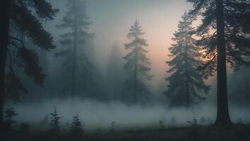 Fog Rolling Through a Forest of Evergreen Trees at Dawn photo