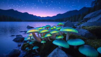 Glowing Mushrooms Near Lake Under Starry Night Sky Serene Landscape photo