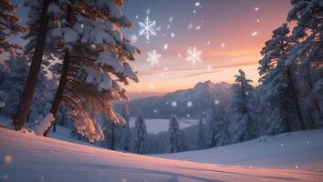 Snowy Winter Landscape with Falling Snowflakes and Mountain View at Sunset photo