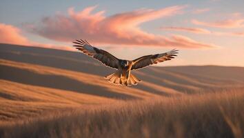 Hawk Flying Over Field at Sunset with Wings Spread Open photo