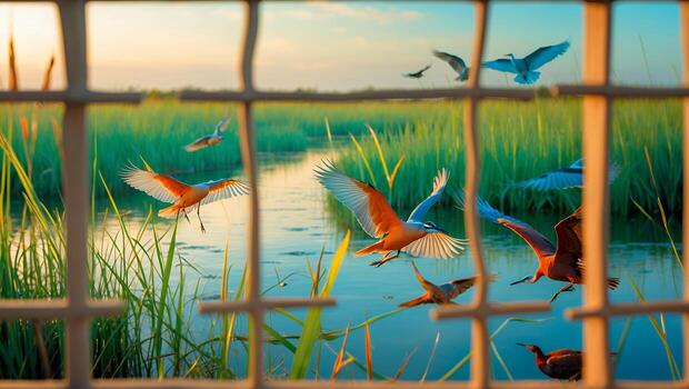Birds Flying Over Calm Water Seen Through Window with Tall Grass photo