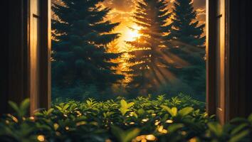 Sunlight Through Forest Trees Seen From Open Window with Foliage photo
