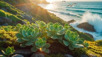 Coastal Succulent Plants on Cliffside Overlooking Ocean at Sunset with Seagulls photo