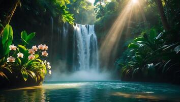 Waterfall Flowing Into a Turquoise Pool with Sunlight and Lush Greenery photo