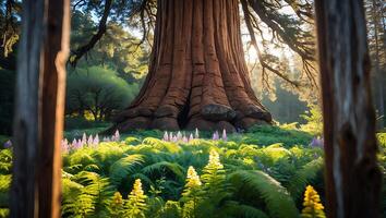 Majestic Redwood Tree Forest Floor Covered in Ferns and Wildflowers photo