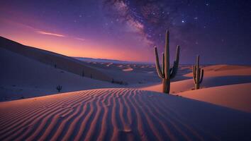 Cactus Standing in Desert Landscape Under Milky Way Sky at Night photo
