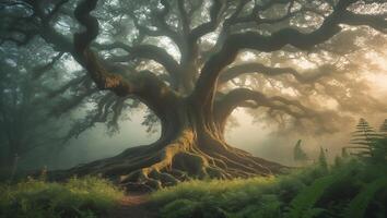 Majestic Old Tree in Foggy Forest with Roots and Ferns photo