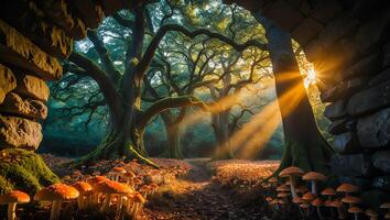 Forest Path Leading Through Stone Archway with Sun Rays and Mushrooms photo