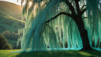 Willow Tree in Green Meadow Bathed in Golden Sunlight at Dawn photo
