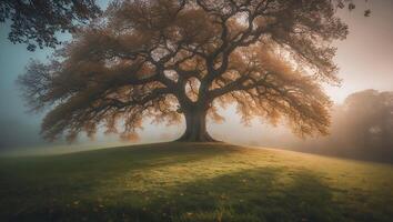 Majestic Tree on Hill in Foggy Autumn Landscape Scene photo