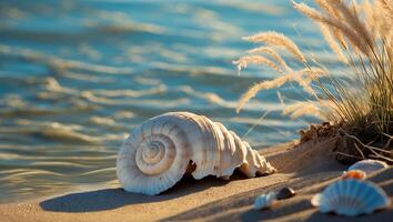 Seashell Resting on Sandy Beach Shoreline Next to Ocean Waves photo