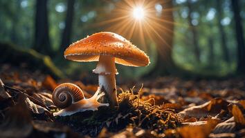 Snail Crawling Near Mushroom in Forest with Sun Starburst photo